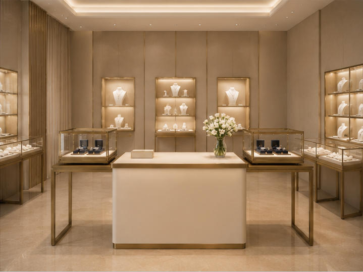 Modular Jewelry Display Console Set | Brass Frame Showcase 10 Modular jewelry display console set in boutique setting